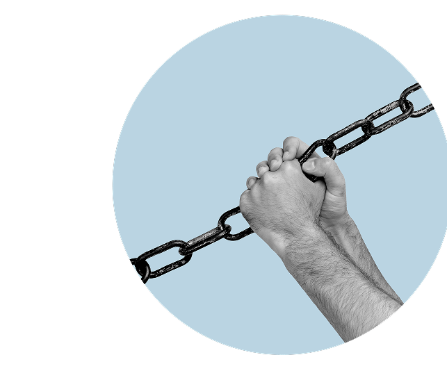 Hands gripping a chain against a light blue circle background