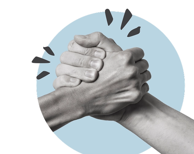Two hands clasped together in a firm handshake over a blue circular background, symbolizing unity and support