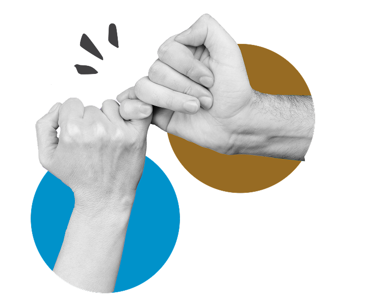 Two hands making a pinky promise, with one over a blue circle and the other over a gold circle